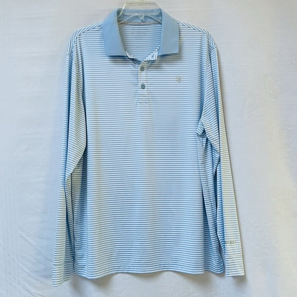 Coolibar Polo Shirt Mens Large Long Sleeve UPF 50 Golf Stripe Erodym Active Blue